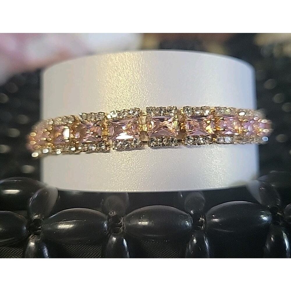Pink & Gold Tone Tennis Bracelet w/ Smaller Crystals Lobster Clasp Extention